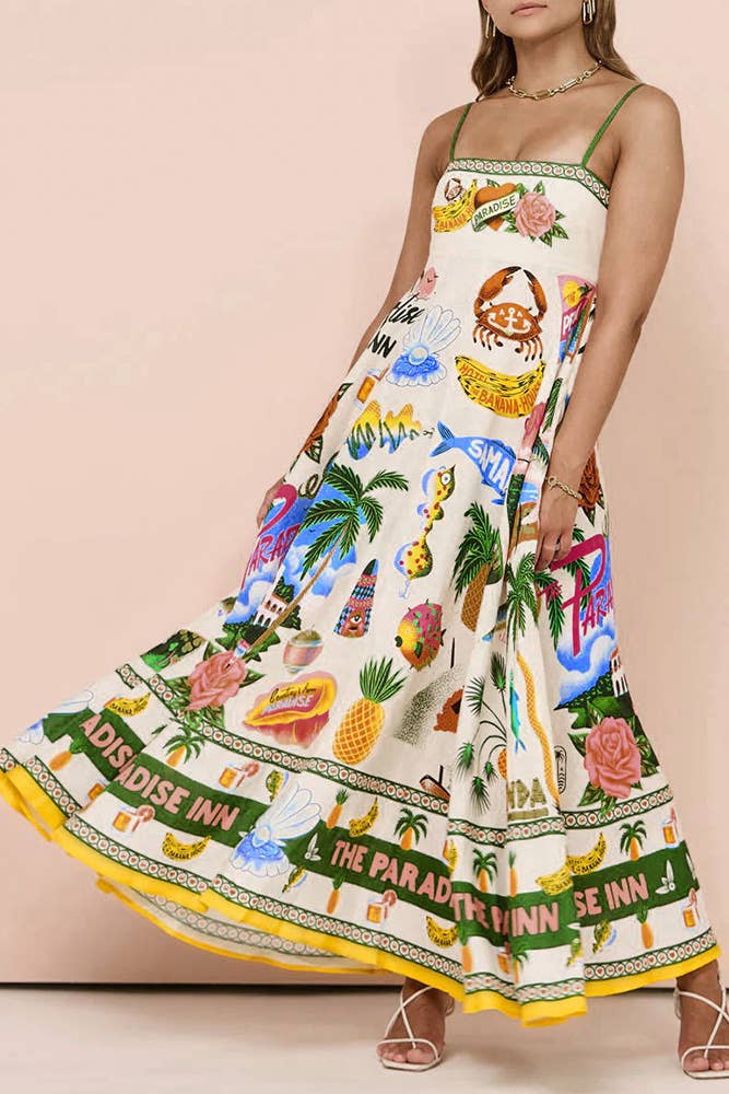 Tropical Print Square Neck Maxi Dress