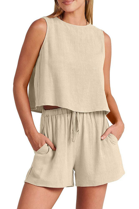 Back Buttoned Tank Top With  Shorts Lounge Set- Tan