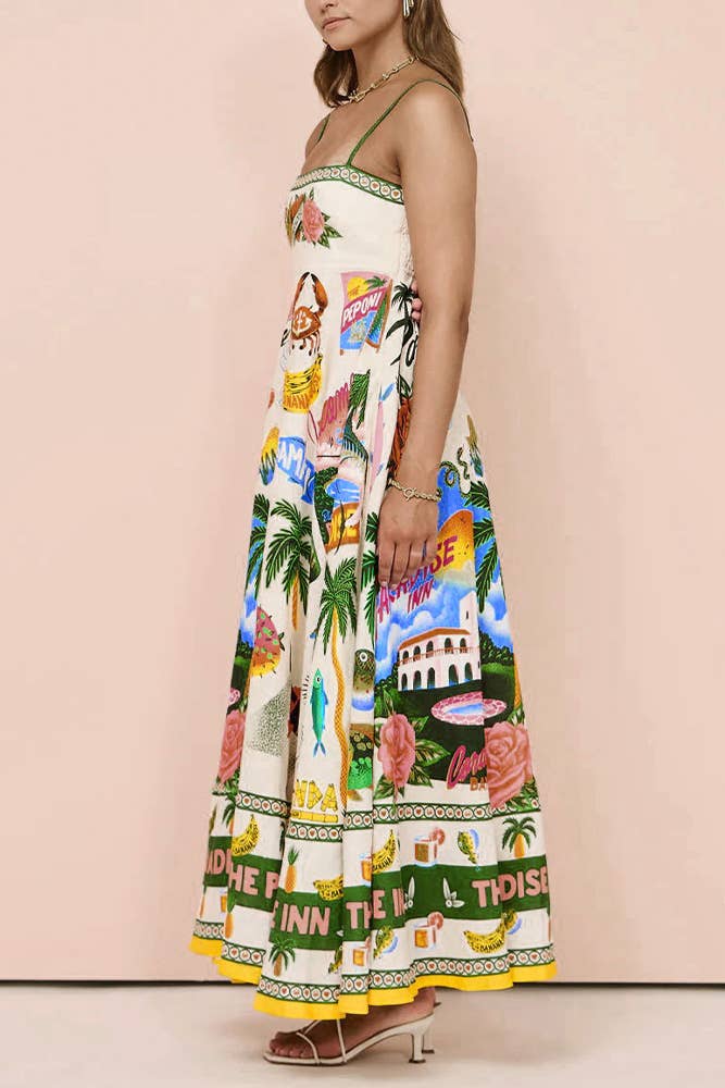 Tropical Print Square Neck Maxi Dress