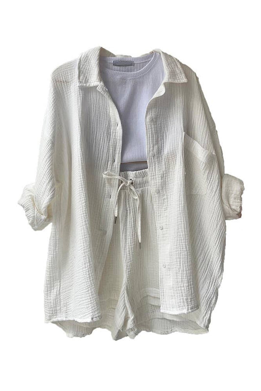 Button Up Shirt and Drawstring Shorts Set: White