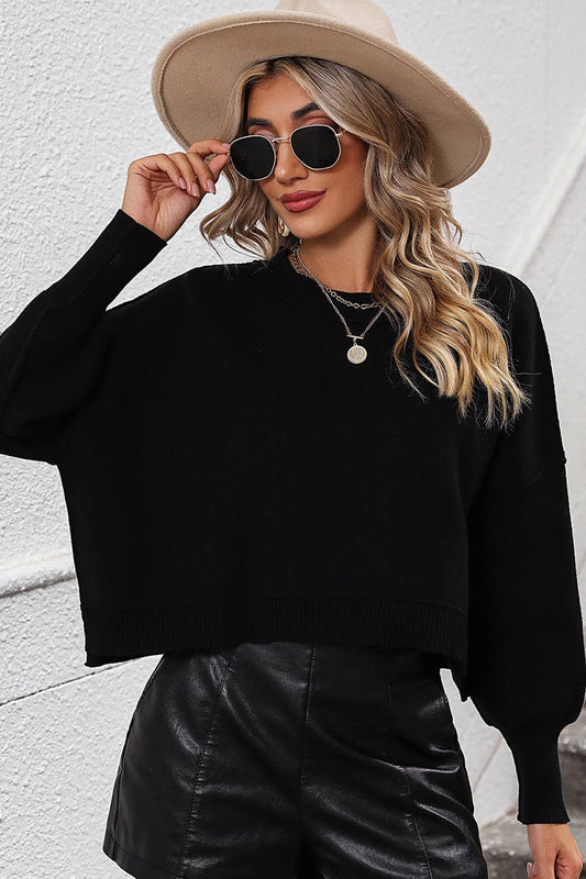 WOMEN RIBBED HEM FITTED SLEEVE KNIT JUMPER TOP- BLACK