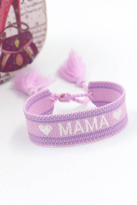 Mama Embroidery Tassel Ribbon Wristband: Purple