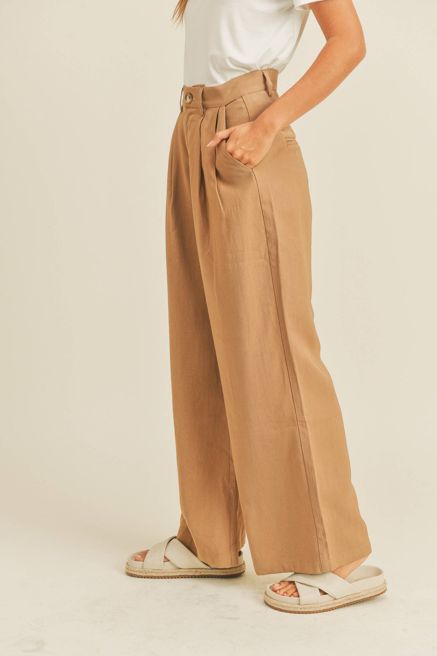 High Waisted Wide Leg Trousers: Camel