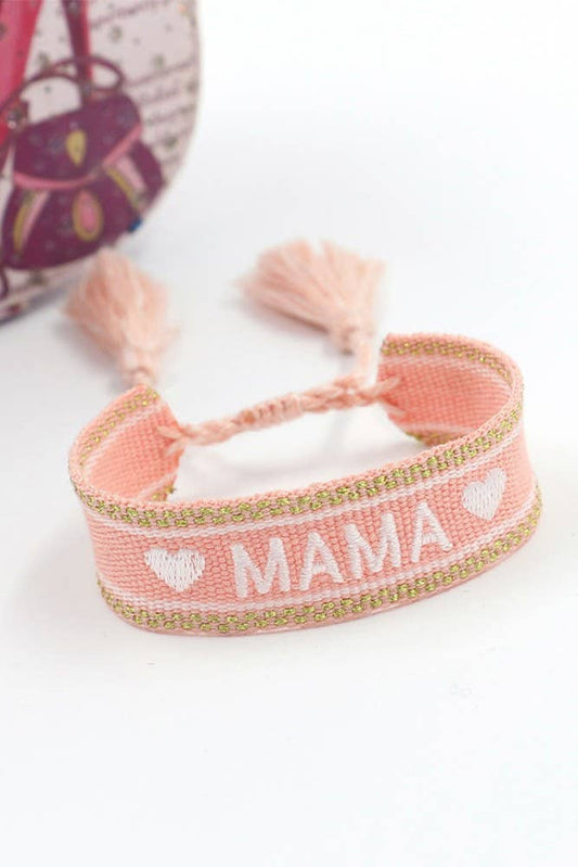 Mama Embroidery Tassel Ribbon Wristband: Pink