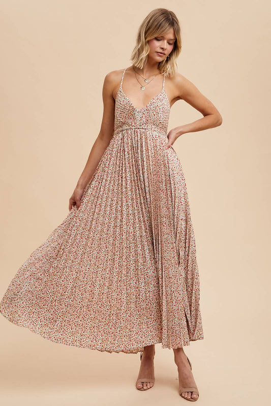 Pleated Floral Maxi Dress: Coral Rose