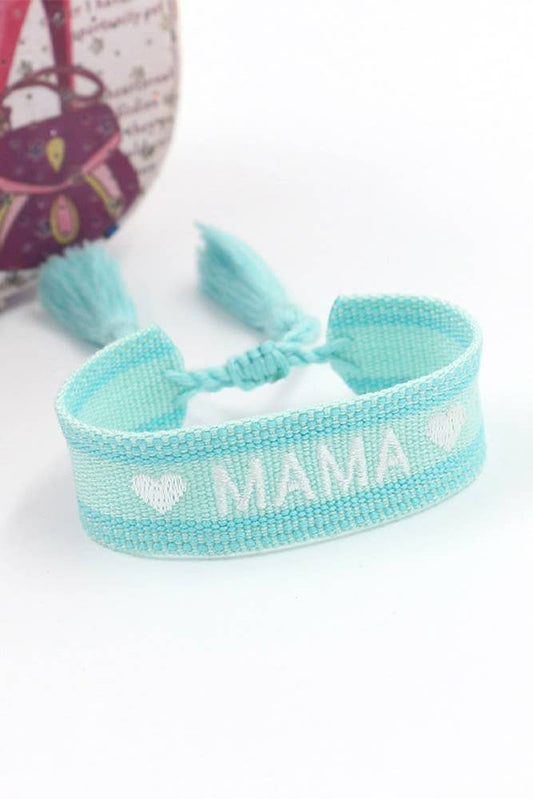 Mama Embroidery Tassel Ribbon Wristband: Blue