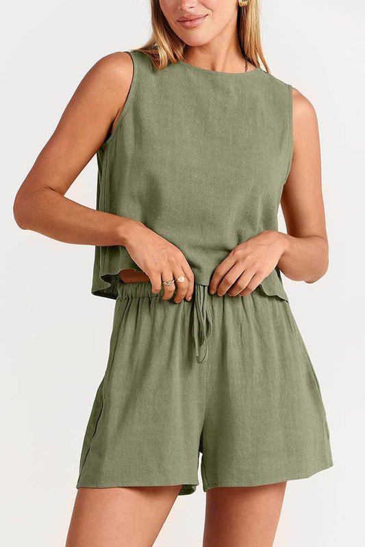 Back Buttoned Tank Top With  Shorts Lounge Set Green