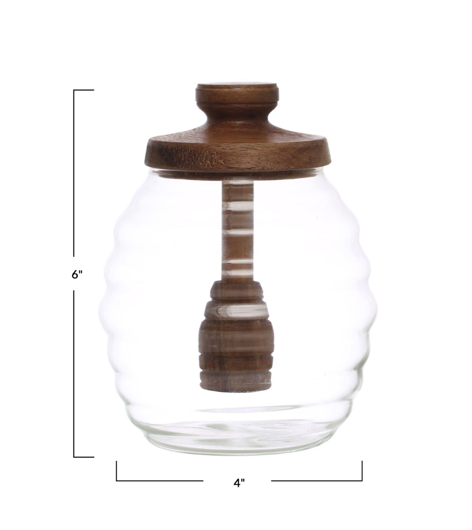 14 oz. Glass Honey Jar w/ Acacia Wood Lid & Attached Honey Dipper, Natural