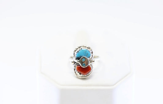 Native American Zuni S/S Coral & Turquoise Ring