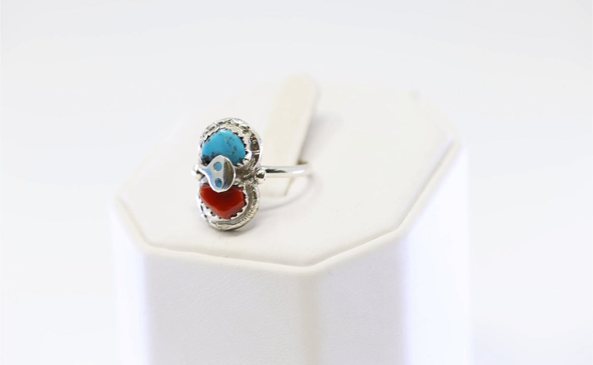 Native American Zuni S/S Coral & Turquoise Ring