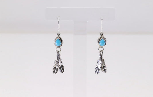 Native American Sterling Silver Turquoise Feather Dangling Earrings by Sharon McCarthy
