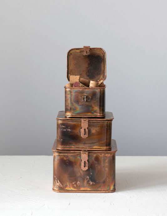 Decorative Burnt Copper Finish Metal Boxes, Set of 3