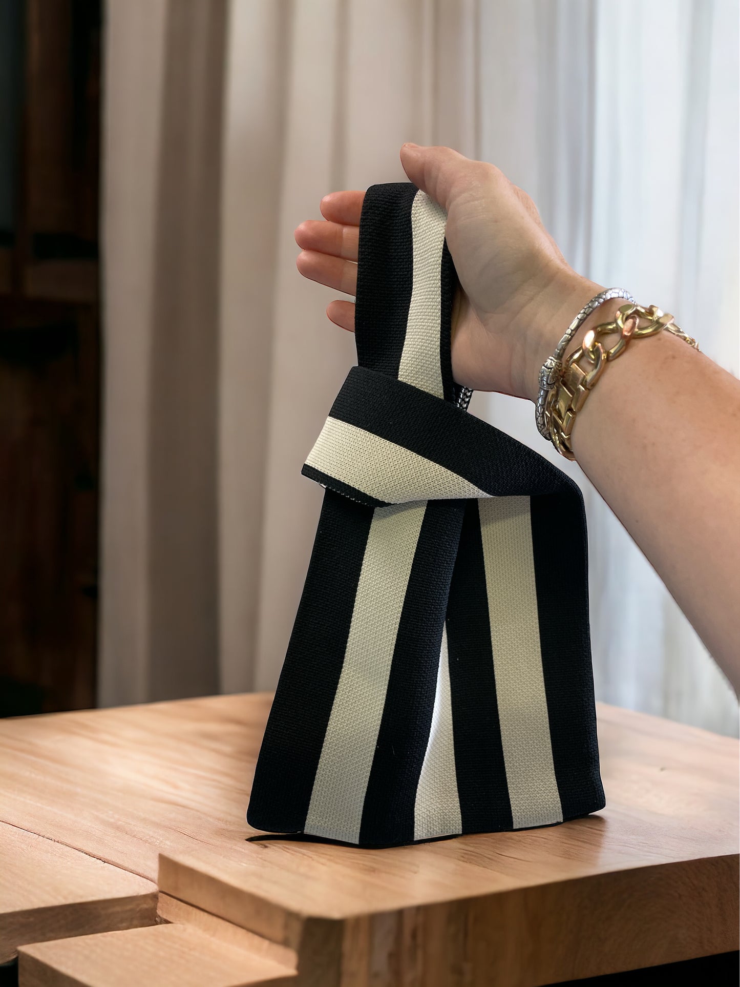 Black and Cream Striped Knit Handbag