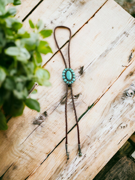 Bolo Tie with Brown Cord and Turquoise Concho