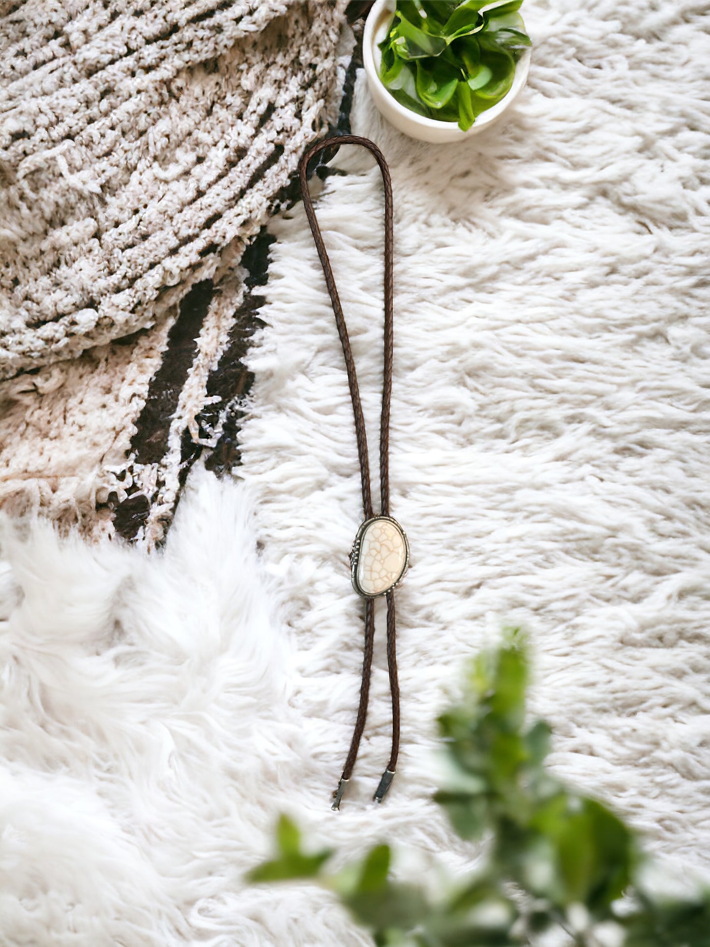 Bolo Tie with Brown Cord and White Statement Stone Piece