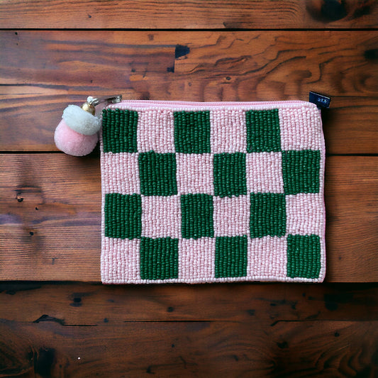 Pink and Green Checkered Coin Purse with Pom Tassel