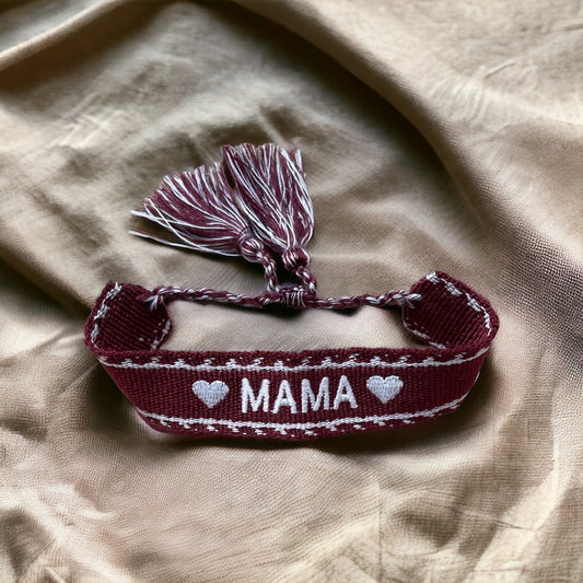 Mama Embroidery Tassel Ribbon Wristband: Maroon