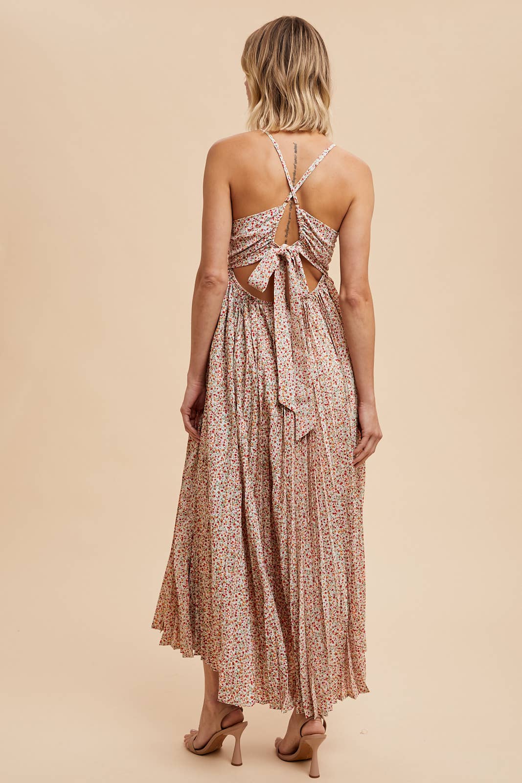 Pleated Floral Maxi Dress: Coral Rose