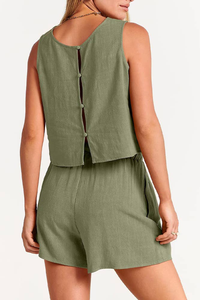 Back Buttoned Tank Top With  Shorts Lounge Set Green