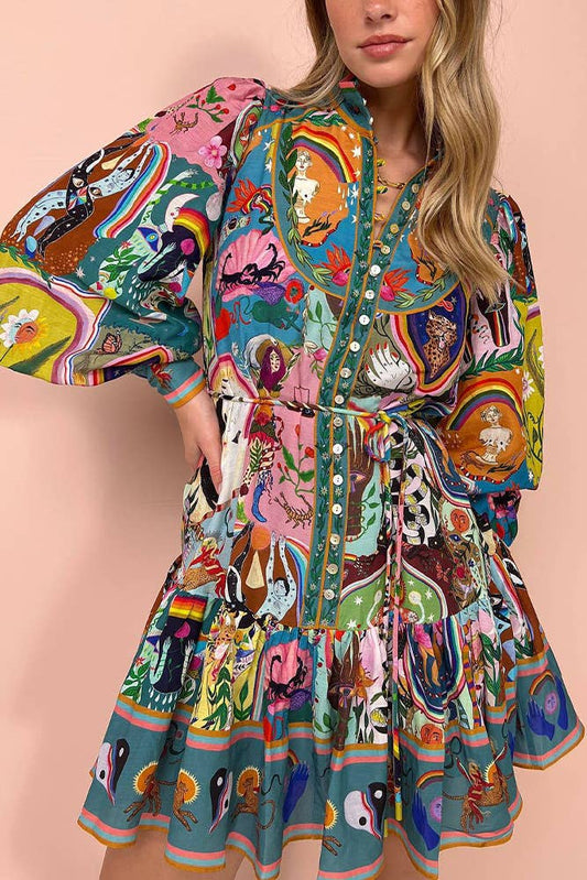 Multi-Color Printed Button Ruffles Dress