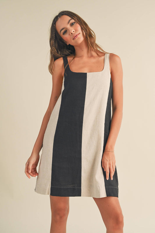 Color Block Linen Mini Dress: Black/Oatmeal