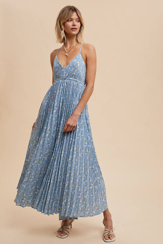 Pleated Floral Maxi Dress: Cornflower