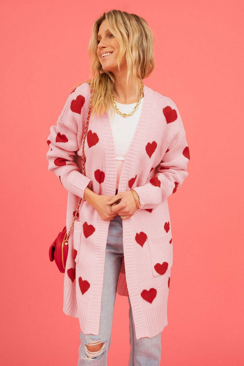 Women Cute Heart Print Open Front Mid Cardigan- PINK