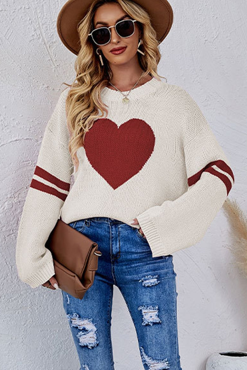 Women Oversized Heart Printing Ribbed Pullover- Apricot