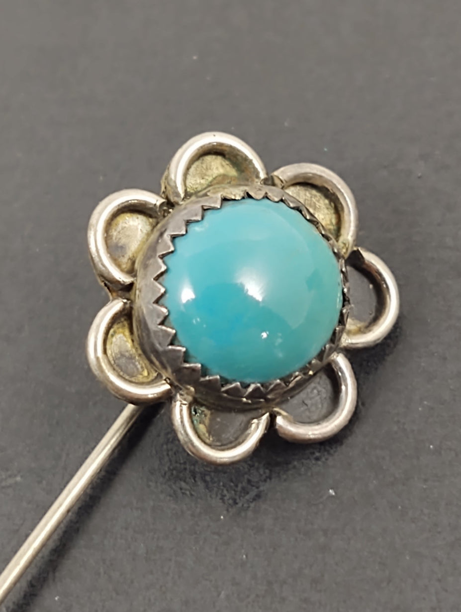 Navajo Native American Sterling Silver Turquoise Flower Stick Pin