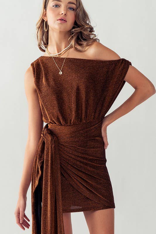 Asymmetrical One Shoulder Waist Tie Glitter Mini Dress- Copper